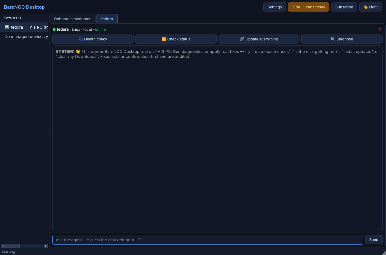 The BareNOC Desktop console with the agent chat and quick checks